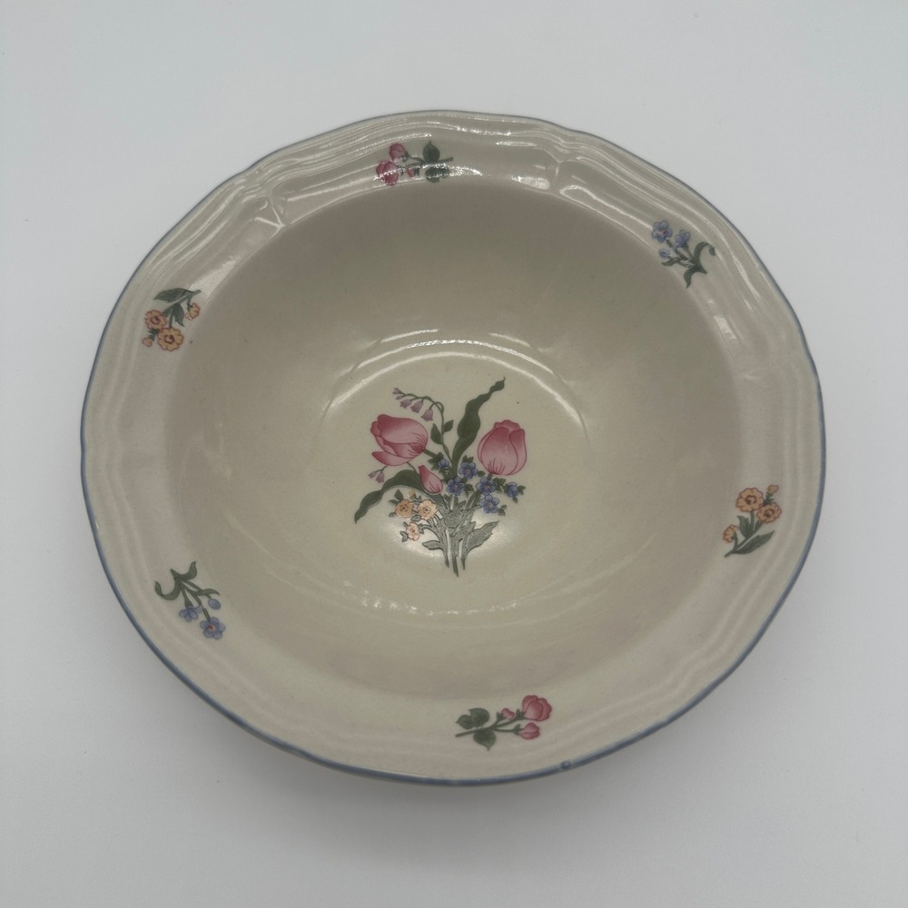 Gibson Tivoli Lafayette Soup Bowl Floral Pink Tulip Blue Trim Stoneware 7 Inch